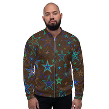 Load image into Gallery viewer, Earth &amp; Sky Blues, Greens, Browns &amp; Black Stars on Dark Brown Unisex Bomber Jacket