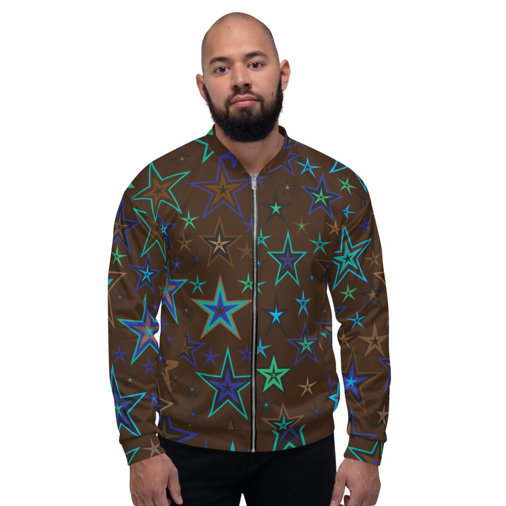 Earth & Sky Blues, Greens, Browns & Black Stars on Dark Brown Unisex Bomber Jacket