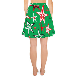 Z12 Christmas Holiday Red, Green, Black & White Stars on Green Women's Skater Skirt