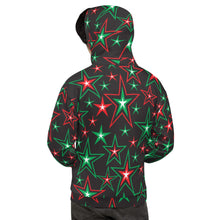 Load image into Gallery viewer, Z12 Christmas Holiday Red, Green &amp; White Stars on Black Unisex Hoodie