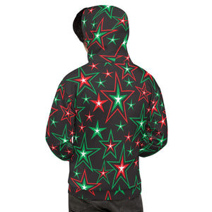 Z12 Christmas Holiday Red, Green & White Stars on Black Unisex Hoodie