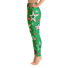 Load image into Gallery viewer, Z12 Christmas Holiday Red, Green, Black &amp; White Stars on Green Women&#39;s Yoga Leggings