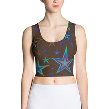 Load image into Gallery viewer, Earth &amp; Sky Blues, Greens, Browns &amp; Black Stars on Dark Brown Women&#39;s Yoga Crop Top