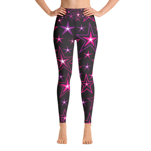 Rockstar Pinks, Purples, Black & White Stars on Black Women's Yoga Leggings