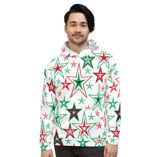 Z12 Christmas Holiday Red, Green, White & Black Stars on White Unisex Hoodie