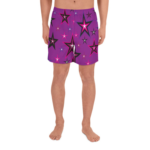Rockstar Pinks, Purples, Black & White Stars on Purple Men's Athletic Long Shorts