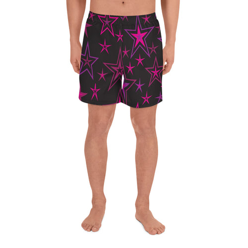 Rockstar Pinks, Purples & Black Stars on Black Men's Athletic Long Shorts