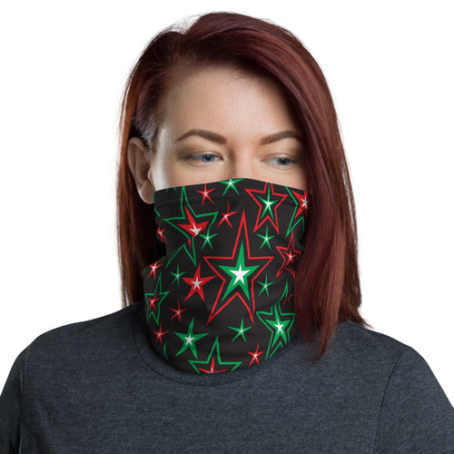 Z12 Christmas Holiday Red, Green & White Stars on Black Unisex Neck Gaiter Face Mask