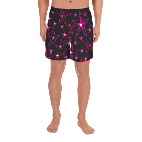 Rockstar Pinks, Purples, Black & White Stars on Black Men's Athletic Long Shorts