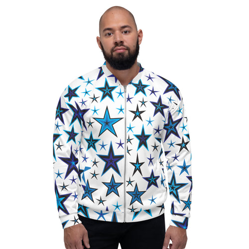 High Vibe Sky Blues & Black Stars on White Unisex Bomber Jacket