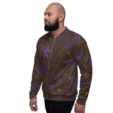 Load image into Gallery viewer, Earth &amp; Sky Blues, Purples, Browns &amp; Black Stars on Dark Brown Unisex Bomber Jacket