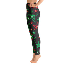 Load image into Gallery viewer, Z12 Christmas Holiday Red, Green &amp; White Stars on Black Women&#39;s Yoga Leggings