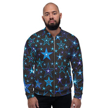 Load image into Gallery viewer, High Vibe Sky Blues, Black &amp; White Stars on Black Unisex Bomber Jacket