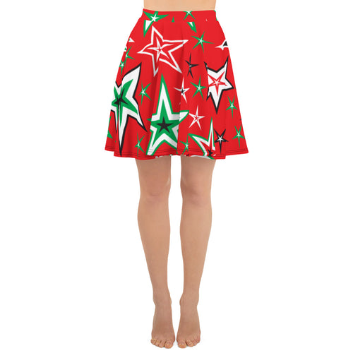 Z12 Christmas Holiday Red, Green, Black & White Stars on Red Women's Skater Skirt