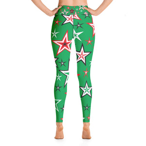 Z12 Christmas Holiday Red, Green, Black & White Stars on Green Women's Yoga Leggings