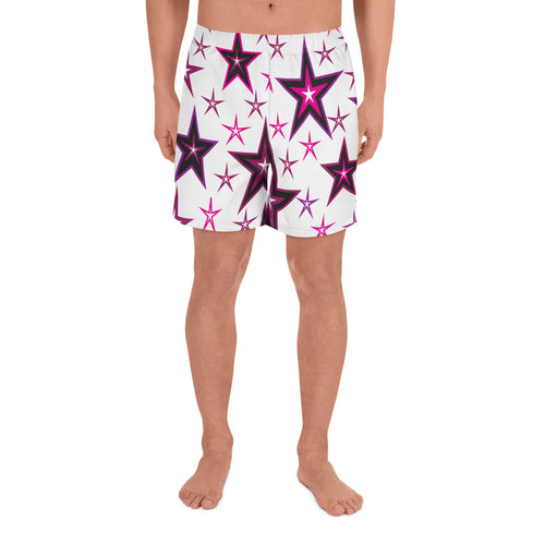 Rockstar Pinks, Purples, Black & White Stars on White Men's Athletic Long Shorts
