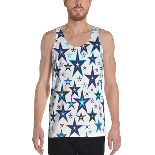 High Vibe Sky Blues, Black & White Stars on White Unisex Tank Top