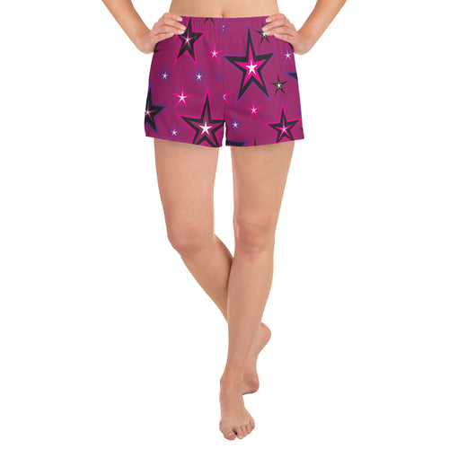 Rockstar Pinks, Purples, Black & White Stars on Dark Rose Women's Athletic Short Shorts