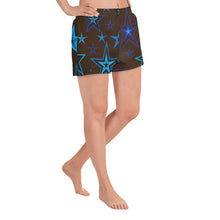 Load image into Gallery viewer, Earth &amp; Sky Blues &amp; Black Stars on Dark Brown Women&#39;s Athletic Short Shorts