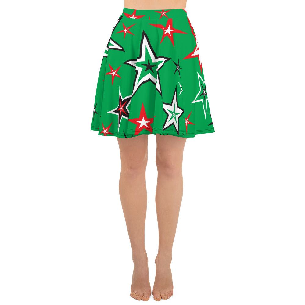 Z12 Christmas Holiday Red, Green, Black & White Stars on Green Women's Skater Skirt