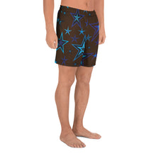 Load image into Gallery viewer, Earth &amp; Sky Blues &amp; Black Stars on Dark Brown Men&#39;s Athletic Long Shorts