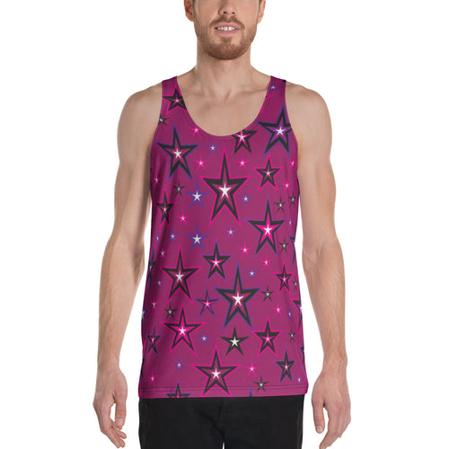 Rockstar Pinks, Purples, Black & White Stars on Dark Rose Unisex Tank Top