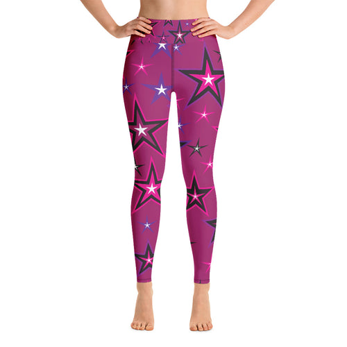 Rockstar Pinks, Purples, Black & White Stars on Dark Rose Women's Yoga Leggings