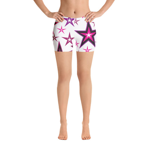 Rockstar Pinks, Purples, Black & White Stars on White Women's Aerobic Biker Shorts