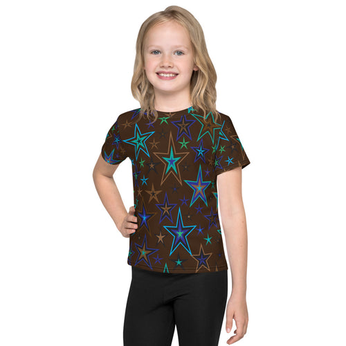 Earth & Sky Blues, Greens, Browns & Black Stars on Dark Brown Kid's T-Shirt