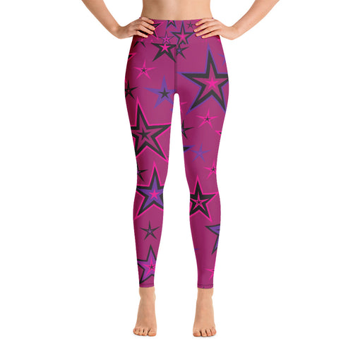 Rockstar Pinks, Purples & Black Stars on Dark Rose Women's Yoga Leggings