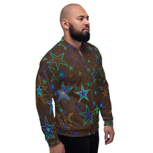 Load image into Gallery viewer, Earth &amp; Sky Blues, Greens, Browns &amp; Black Stars on Dark Brown Unisex Bomber Jacket