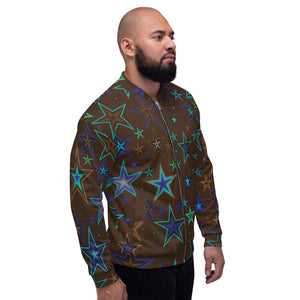 Earth & Sky Blues, Greens, Browns & Black Stars on Dark Brown Unisex Bomber Jacket