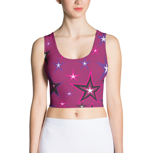 Rockstar Pinks, Purples, Black & White Stars on Dark Rose Women's Yoga Crop Top