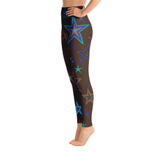 Load image into Gallery viewer, Earth &amp; Sky Blues, Greens, Browns &amp; Black Stars on Dark Brown Women&#39;s Yoga Leggings