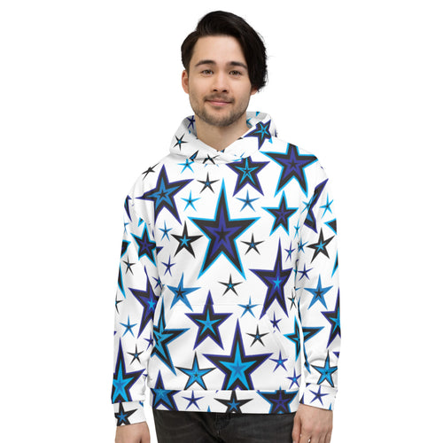 High Vibe Sky Blues & Black Stars on White Unisex Hoodie