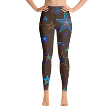 Load image into Gallery viewer, Earth &amp; Sky Blues, Greens, Browns &amp; Black Stars on Dark Brown Women&#39;s Yoga Leggings