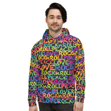 Load image into Gallery viewer, Peace, Love &amp; Rock n Roll on Stars Unisex Hoodie