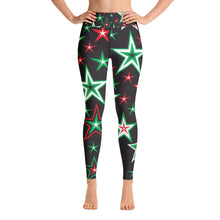 Load image into Gallery viewer, Z12 Christmas Holiday Red, Green, Black &amp; White Stars on Black Women&#39;s Yoga Leggings