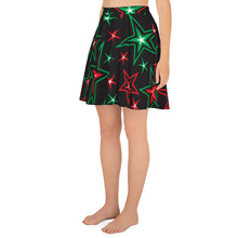 Load image into Gallery viewer, Z12 Christmas Holiday Red, Green &amp; White Stars on Black Women&#39;s Skater Skirt