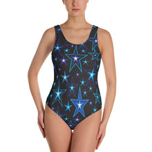 Load image into Gallery viewer, High Vibe Sky Blues, Black &amp; White Stars on Black Women&#39;s One-Piece Swimsuit