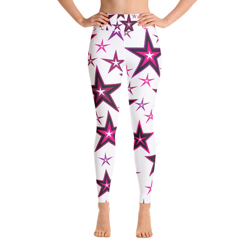 Rockstar Pinks, Purples, Black & White Stars on White Women's Yoga Leggings