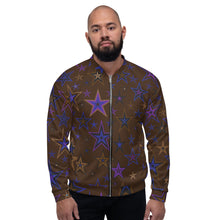 Load image into Gallery viewer, Earth &amp; Sky Blues, Purples, Browns &amp; Black Stars on Dark Brown Unisex Bomber Jacket