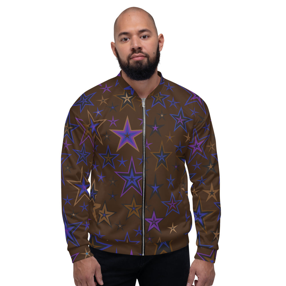 Earth & Sky Blues, Purples, Browns & Black Stars on Dark Brown Unisex Bomber Jacket