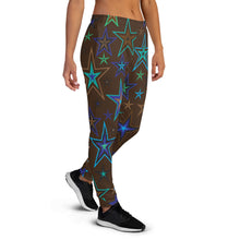 Load image into Gallery viewer, Earth &amp; Sky Blues, Greens, Browns &amp; Black Stars on Dark Brown Women&#39;s Joggers