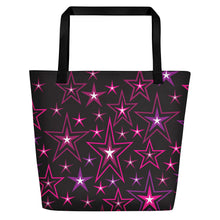 Load image into Gallery viewer, Rockstar Pinks, Purples &amp; White Stars on Black Beach Bag