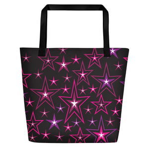 Rockstar Pinks, Purples & White Stars on Black Beach Bag