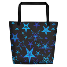 Load image into Gallery viewer, High Vibe Sky Blues &amp; Black Stars on Black Beach Bag