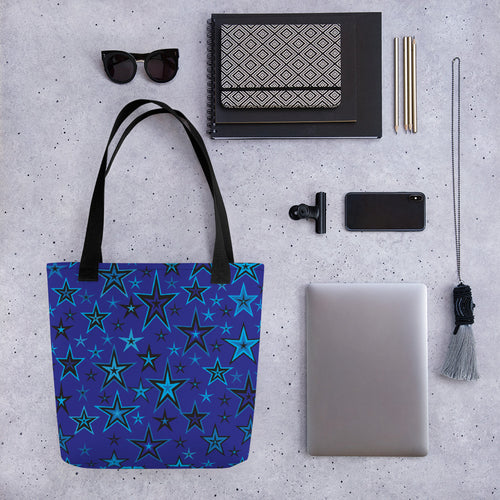 High Vibe Sky Blues & Black Stars on Dark Blue Tote Bag