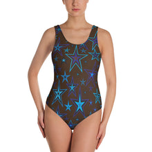 Load image into Gallery viewer, Earth &amp; Sky Blues &amp; Black Stars on Dark Brown Women&#39;s One-Piece Swimsuit