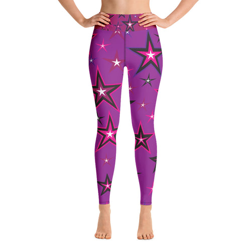 Rockstar Pinks, Purples, Black & White Stars on Purple Women's Yoga Leggings